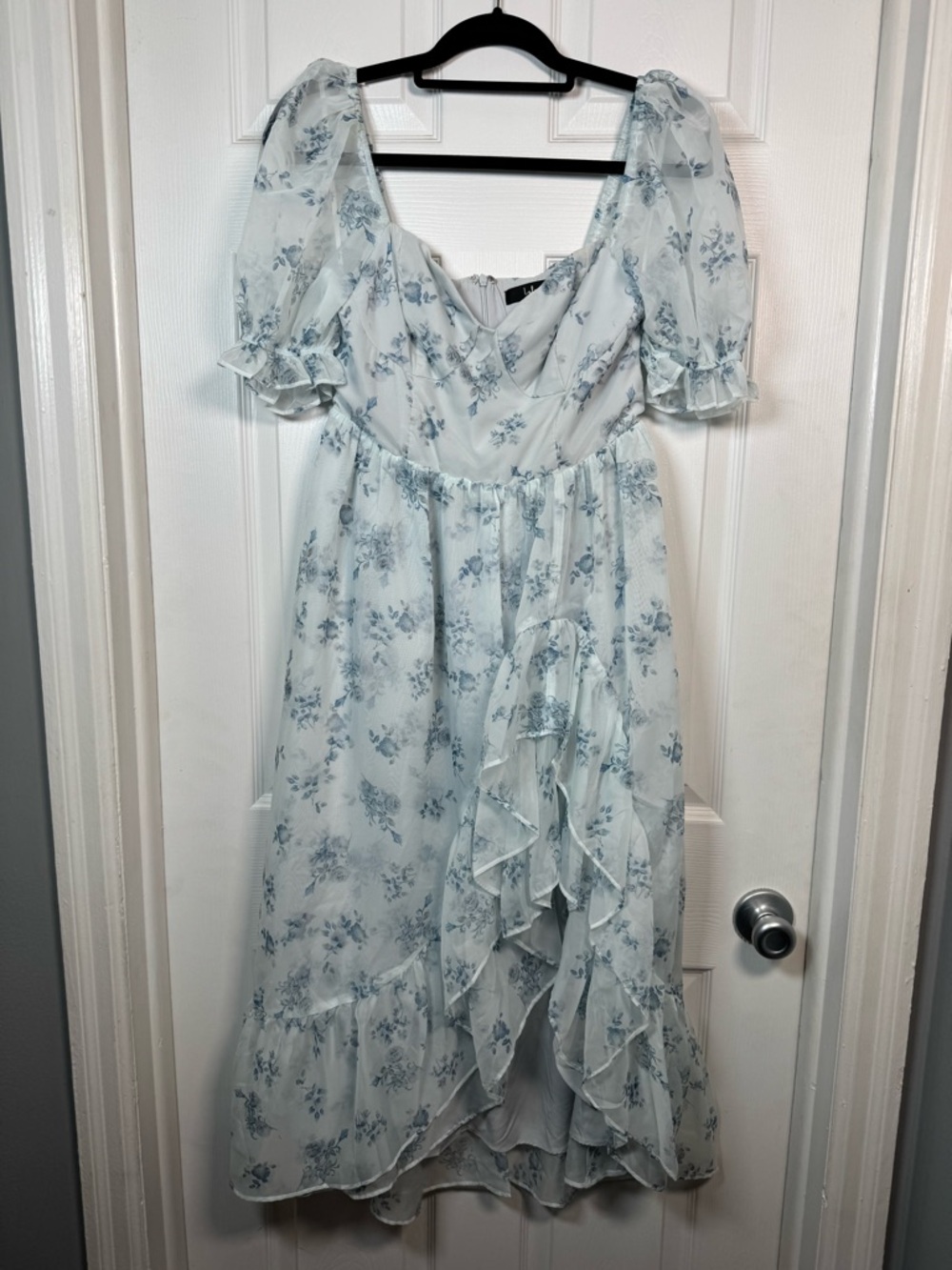 Lulus Blue Floral Ruffle Midi Dress Puff Sleeve Romantic Cottagecore